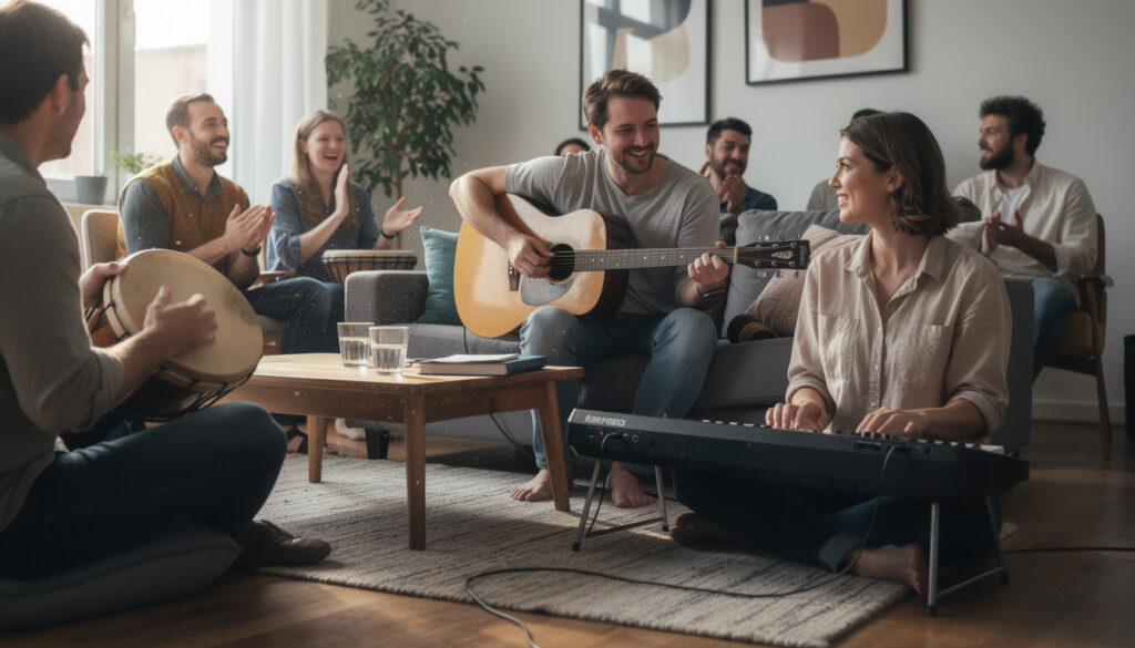plongez dans l'univers de la scène musicale improvisée entre amis et stimulez votre créativité grâce à des échanges spontanés et inspirants.