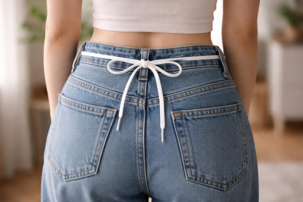 découvrez une astuce simple et efficace pour resserrer un jean à la taille en utilisant un lacet de chaussure, sans couture ni matériel spécial.