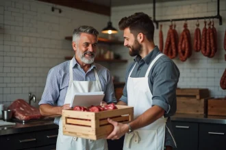 Artisan boucher et fournisseur échangeant une livraison de viande dans une boucherie traditionnelle, illustrant une relation d'approvisionnement de confiance