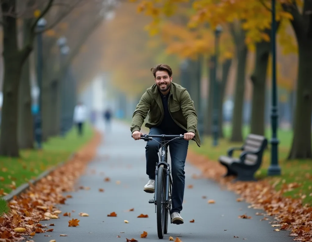 Homme à vélo sur une piste cyclable vide un jour férié en semaine, balade urbaine détendue en automne