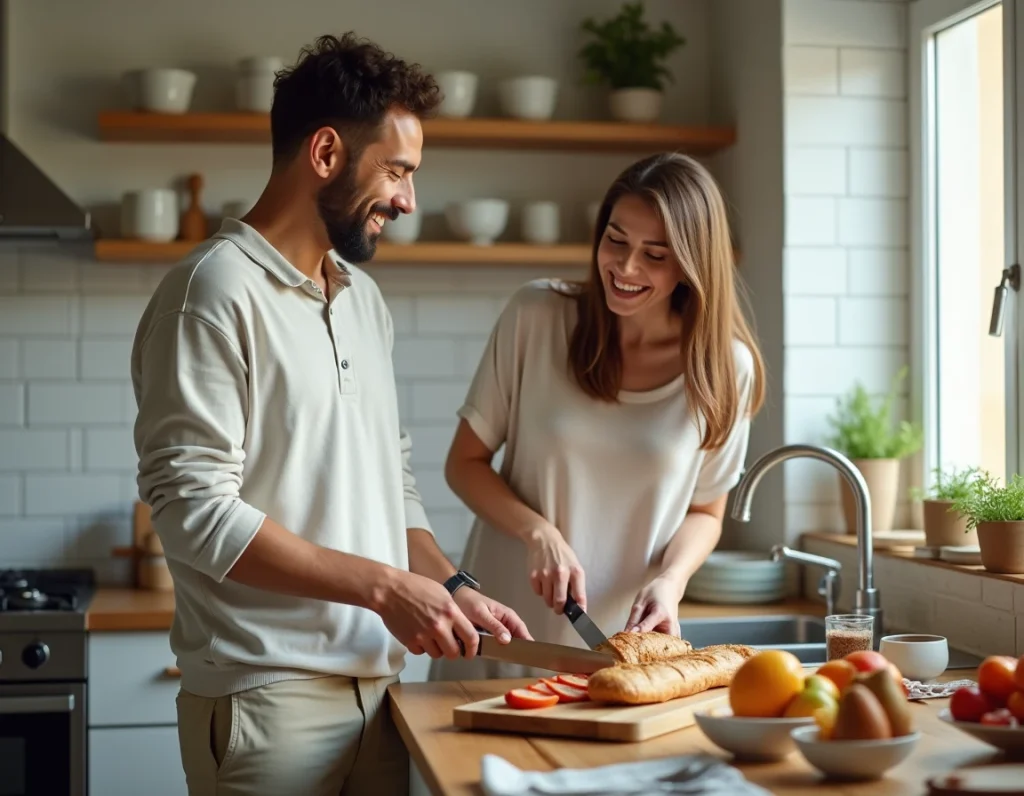 Couple préparant un brunch maison ensemble lors d'un jour férié en semaine, atmosphère détendue et conviviale dans la cuisine