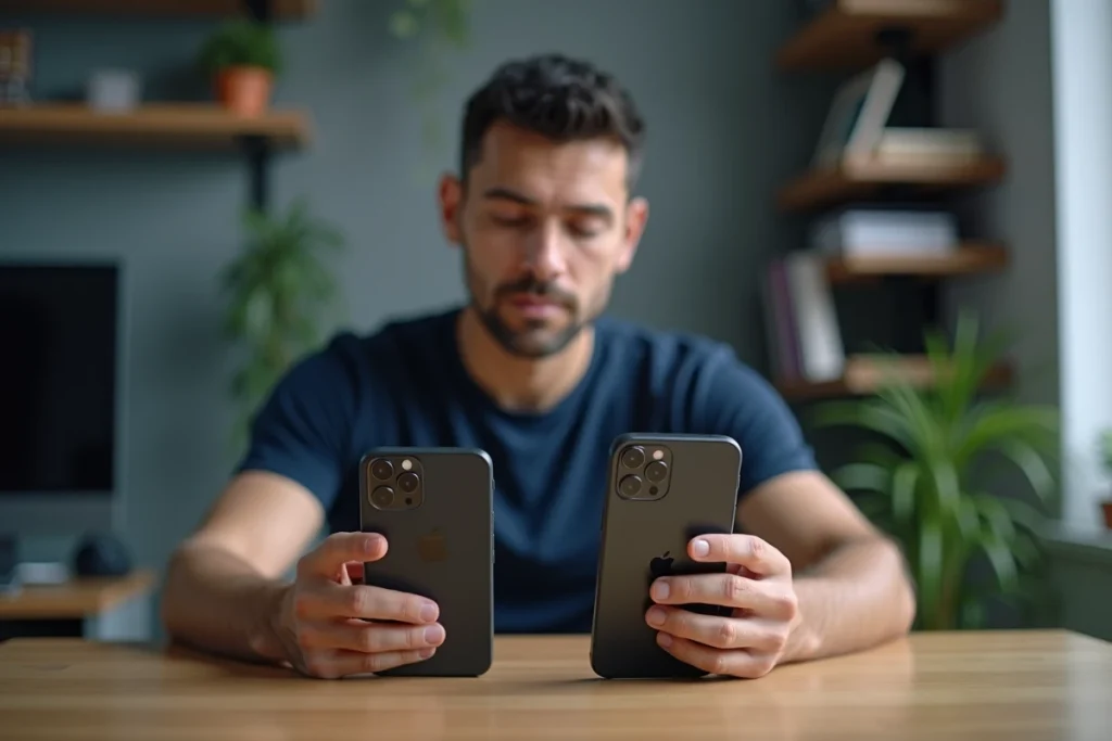 Homme comparant un iPhone 15 neuf et un iPhone 15 reconditionné sur un bureau de bureau à domicile
