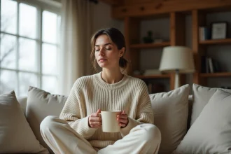 Femme détendue savourant un café sur son canapé pendant un jour férié en semaine, atmosphère cosy et apaisante