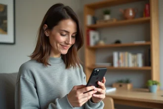 Femme tenant un iPhone 15 reconditionné dans ses mains dans un salon moderne, examinant l'appareil avec satisfaction