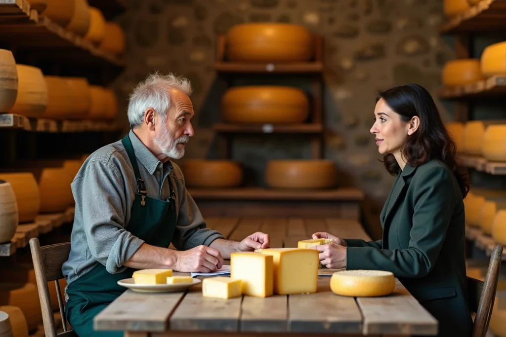 Fromager artisan et représentante de coopérative agricole discutant d'un partenariat d'approvisionnement local autour de fromages affinés dans une cave traditionnelle