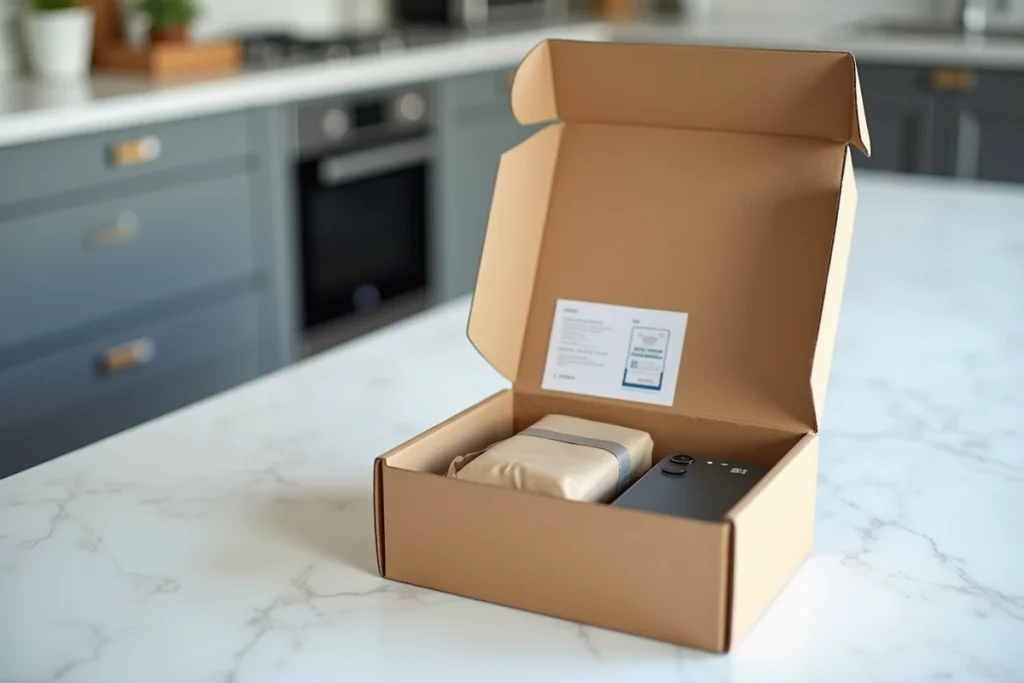 Boîte de livraison ouverte contenant un iPhone 15 reconditionné emballé avec soin sur un comptoir de cuisine en marbre blanc