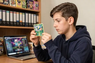 Adolescent examinant une carte Pokémon holographique devant un ordinateur affichant le jeu Pokémon TCG Online