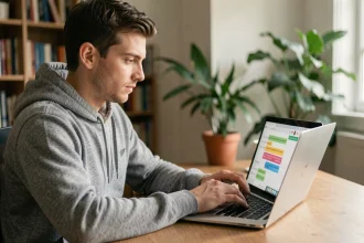 Jeune homme cherchant une alternative à un tchat fermé sur son ordinateur portable