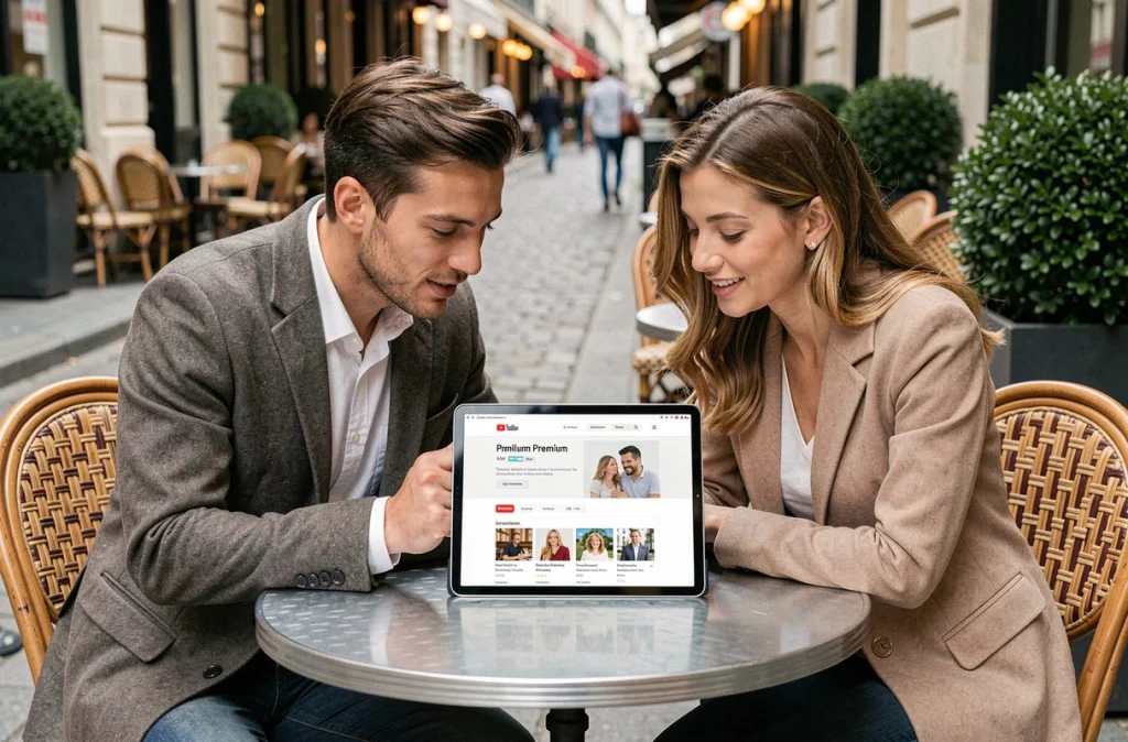 Deux amis explorant les options d'abonnement familial YouTube Premium sur une tablette en terrasse de café