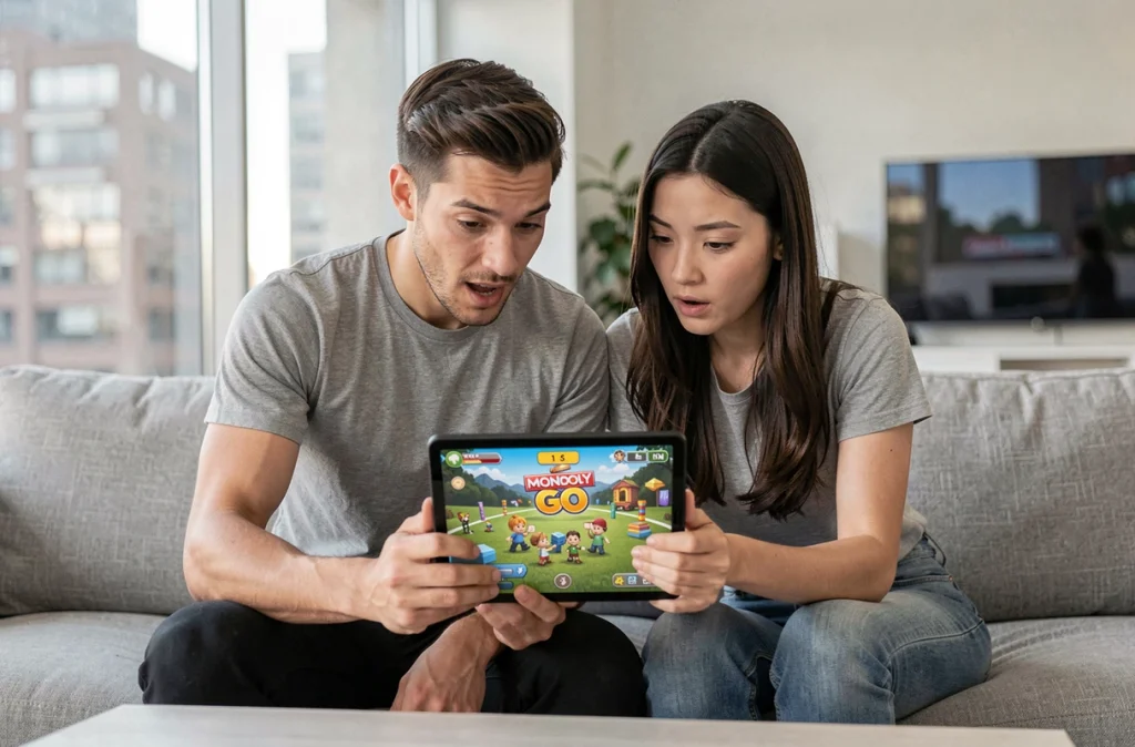 Deux amis découvrant des liens et codes gratuits Monopoly GO sur une tablette dans un salon moderne