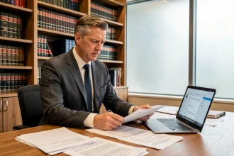 Avocat en costume gris examinant des documents juridiques liés aux risques des scans Phenix sur son bureau en chêne