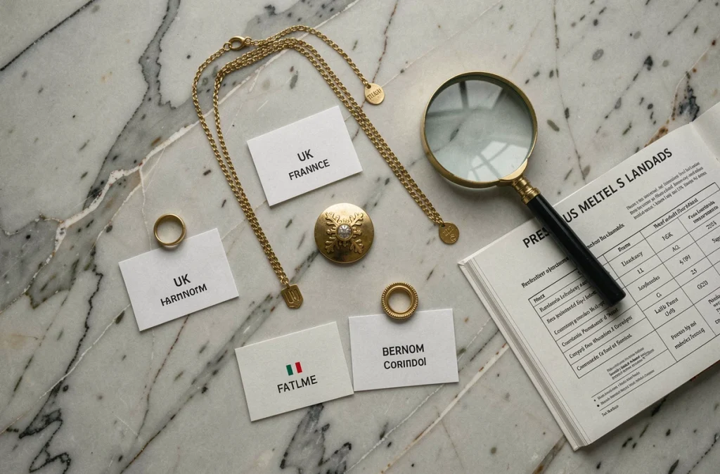 Plat étalé de bijoux en or avec poinçons de différents pays posés sur marbre blanc pour comparaison