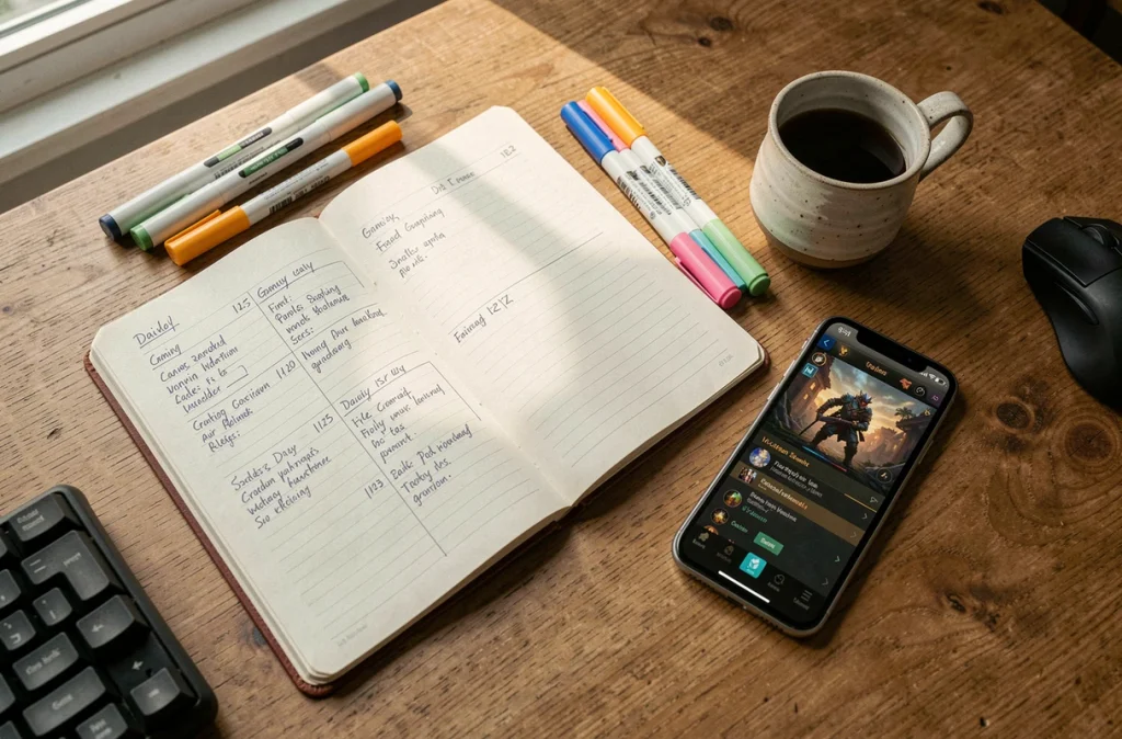 Bureau organisé avec planning papier manuscrit et smartphone affichant un jeu de rôle en ligne pour une gestion efficace du temps de jeu
