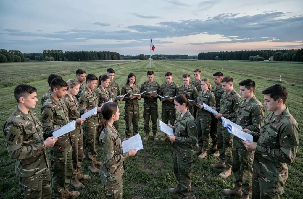 Jeunes cadets militaires en demi-cercle chantant un chant militaire à l'extérieur au crépuscule, carnet de chants en main