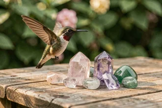 Colibri en vol près de pierres de lithothérapie comme le quartz rose et l'améthyste sur une table en bois rustique dans un jardin