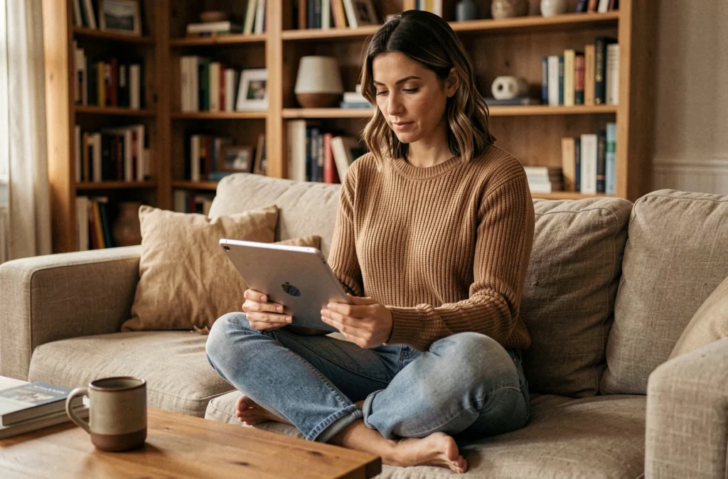 Femme créatrice de contenu travaillant sur tablette depuis son salon, illustrant l'autonomie et la fixation de prix en ligne