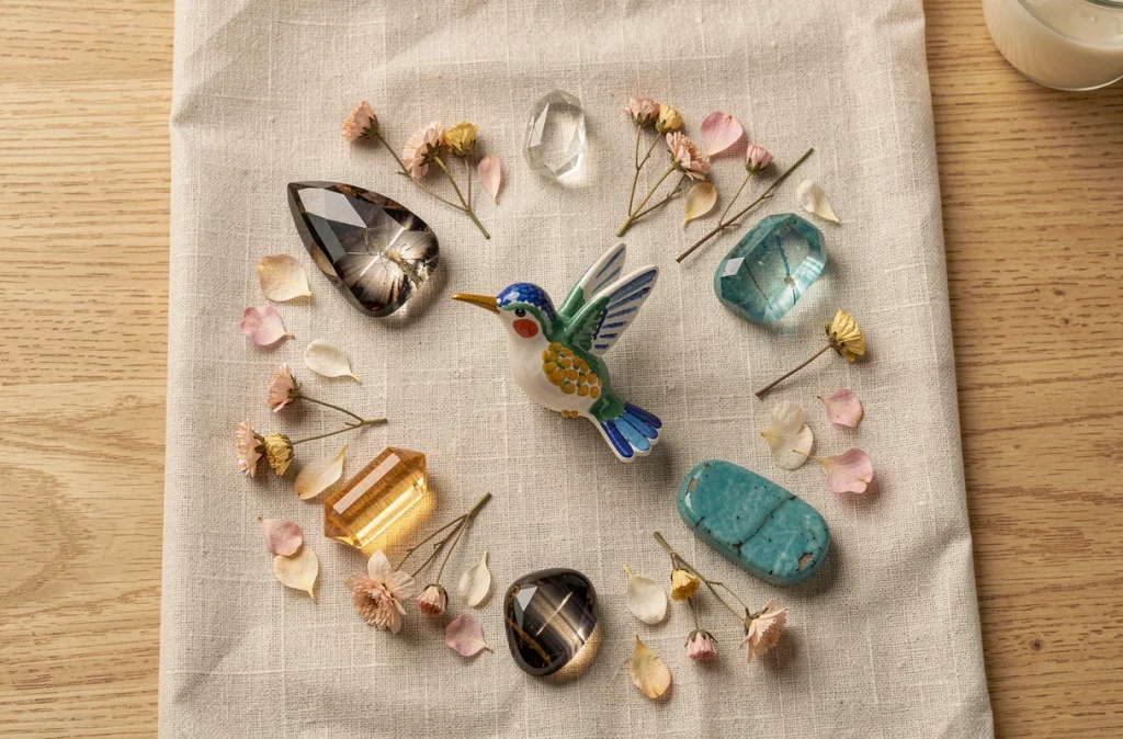 Disposition de cristaux de lithothérapie avec figurine colibri sur tissu de lin, incluant labradorite citrine et turquoise