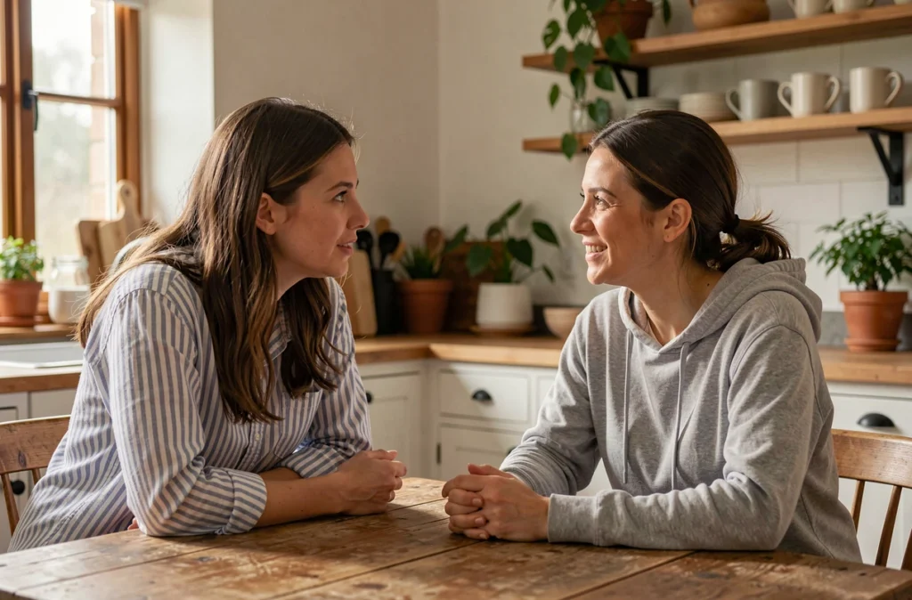 Deux amies en conversation sincère autour d'un café à la maison, illustrant les liens affectifs et les signes d'attachement émotionnel