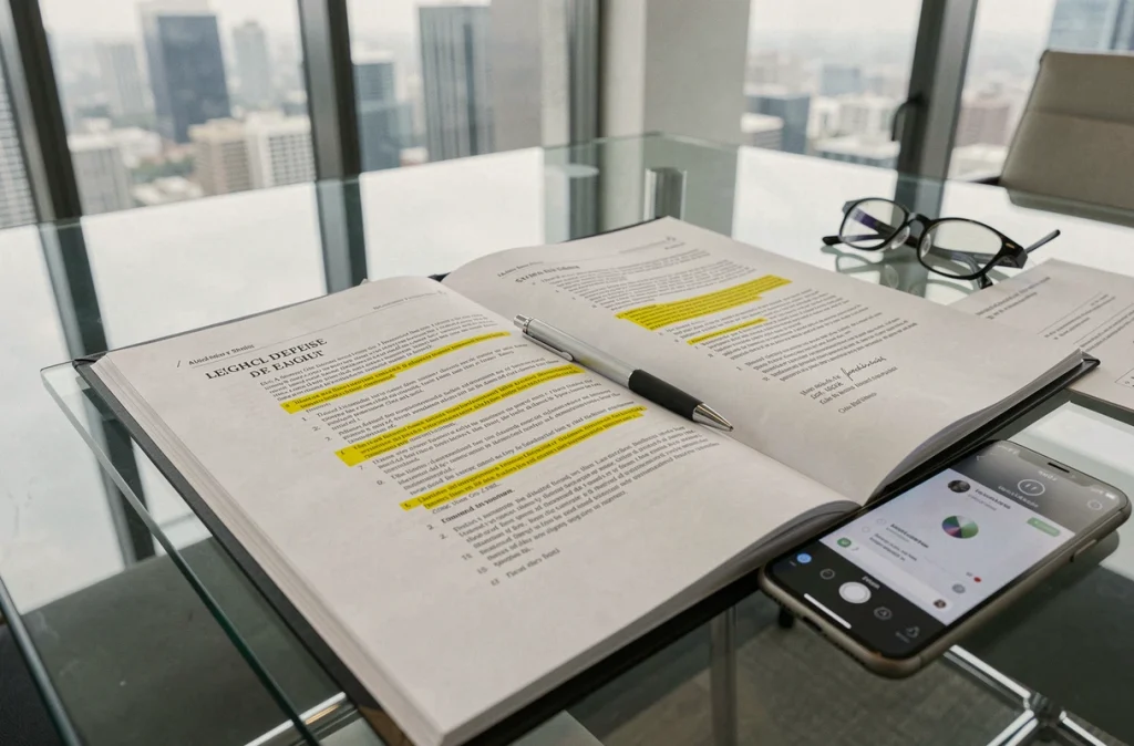 Gros plan sur un dossier juridique ouvert avec clauses surlignées et smartphone affichant une application de scan Phenix sur une table de réunion en verre