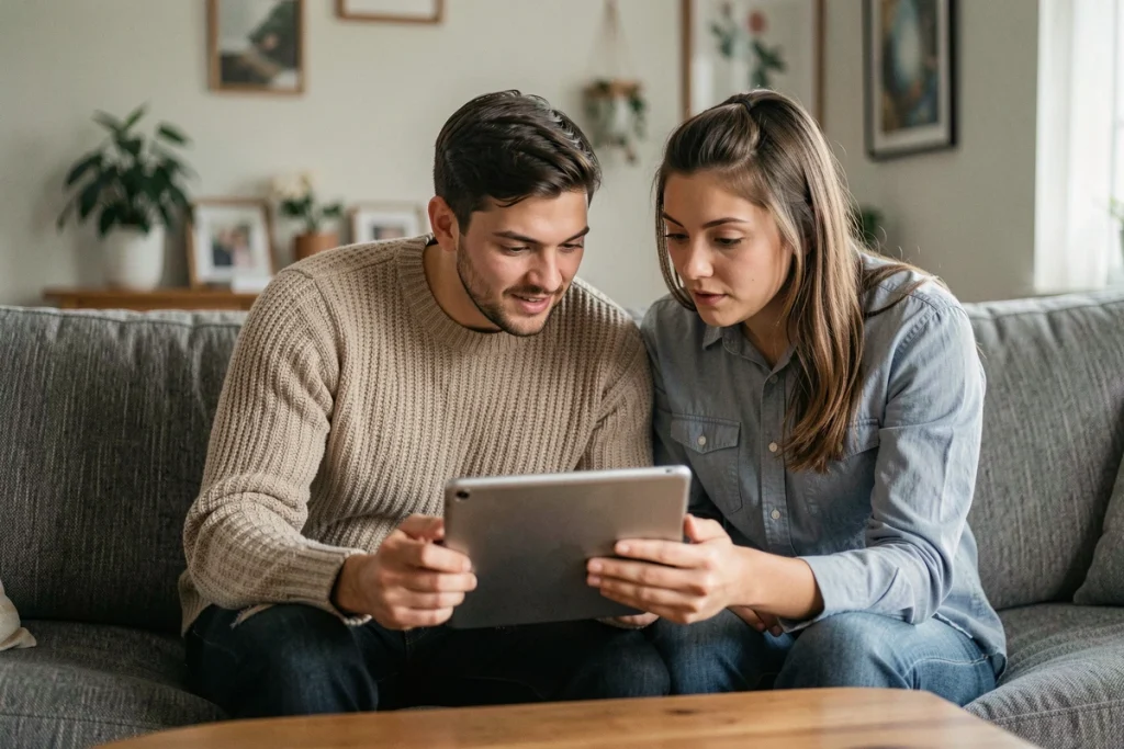Deux personnes découvrant ensemble une plateforme de tchat alternative sur une tablette