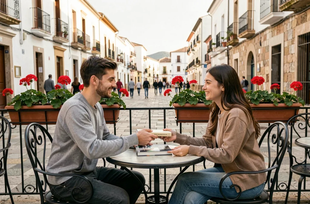 Deux étudiants échangeant un livre dans un café en terrasse en Espagne, exprimant de la gratitude au quotidien en espagnol