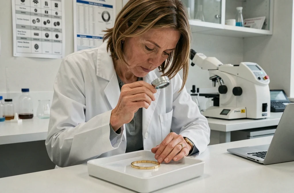 Gemmologiste examinant un bracelet en or au loupe dans un bureau de contrôle des métaux précieux