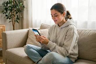 Jeune femme consultant les options d'abonnement YouTube Premium sur smartphone dans un salon moderne