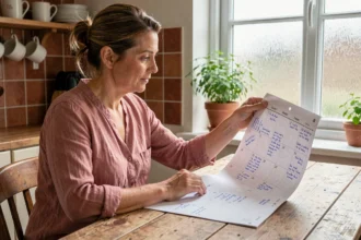 Femme consultant un calendrier papier pour connaître la fête du jour et ne pas oublier les fêtes de prénoms