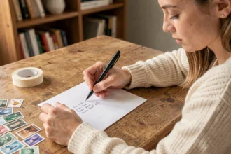 Femme écrivant l'adresse du destinataire sur une enveloppe blanche à son bureau en bois