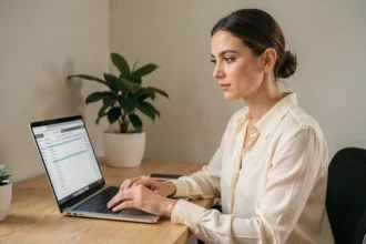 Femme indépendante analysant sa stratégie de prix sur un ordinateur portable dans un bureau moderne et épuré