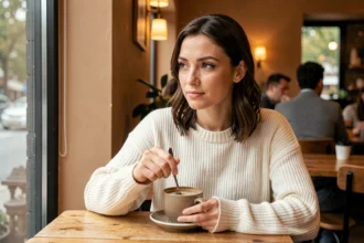 Femme pensive dans un café pensant à quelqu'un d'absent, illustrant les signes qu'une personne pense à vous