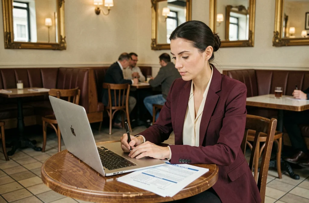 Femme remplissant un quiz d'orientation politique dans un café parisien avec ordinateur et questionnaire imprimé