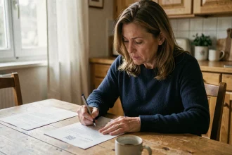 Femme adulte rédigeant une lettre d'attestation d'hébergement à la table de sa cuisine