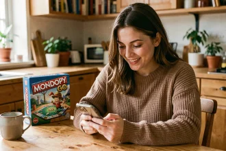 Femme jouant à Monopoly GO sur smartphone avec des codes de liens gratuits à la maison