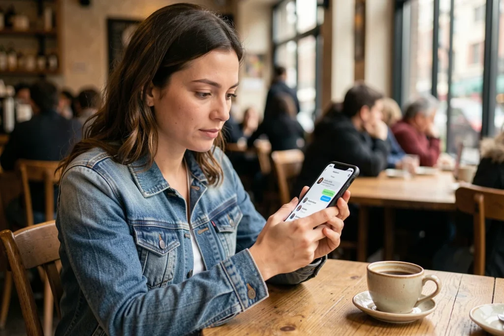 Femme consultant une application de tchat alternatif sur son smartphone dans un café