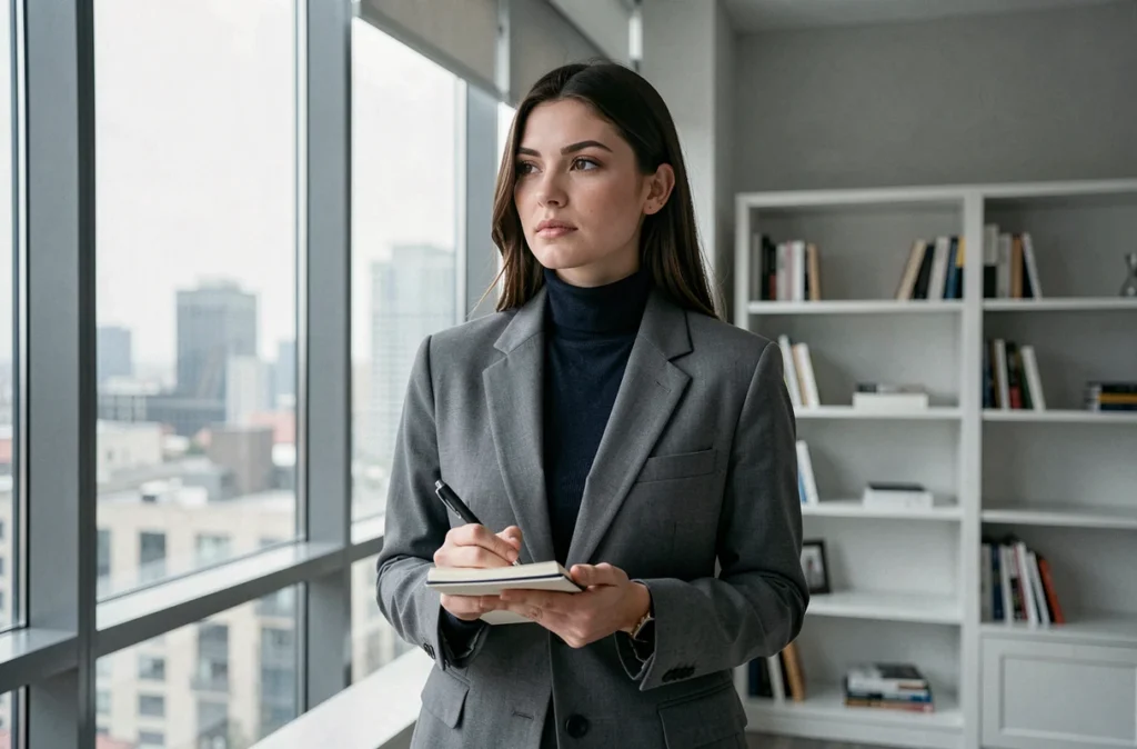 Jeune femme professionnelle tenant un carnet de notes dans un appartement urbain minimaliste, réfléchissant à sa valorisation tarifaire