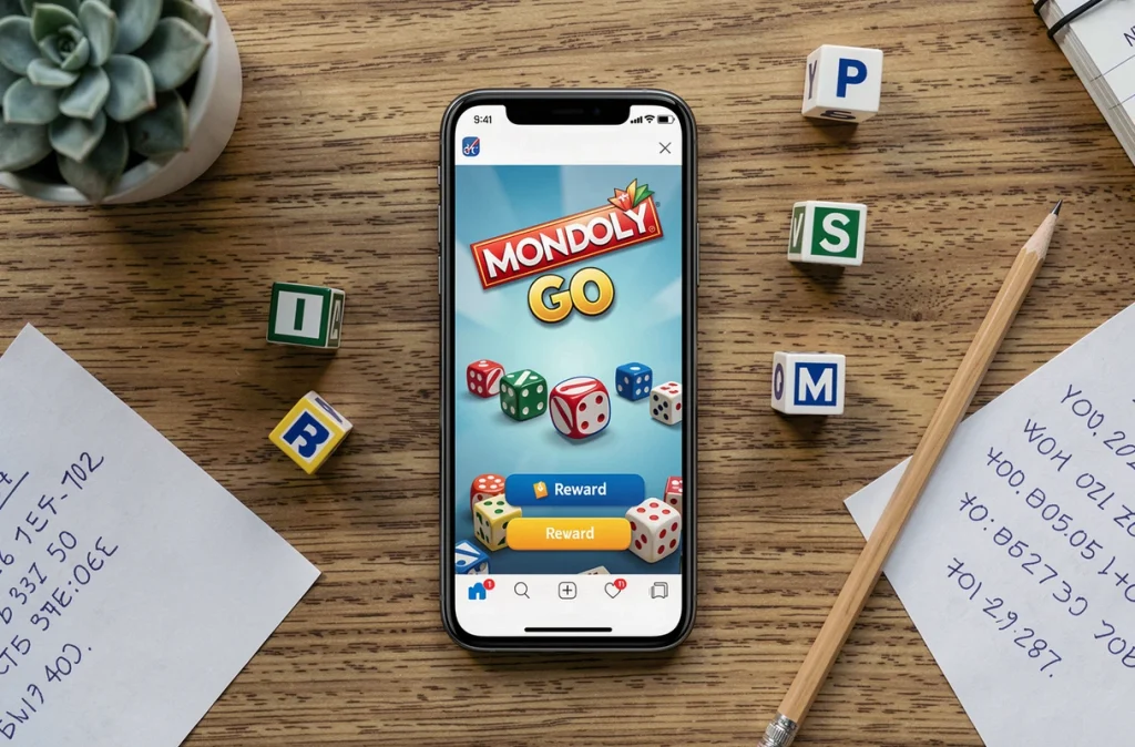 Flatlay d'un smartphone avec notification Monopoly GO et codes gratuits sur un bureau en bois