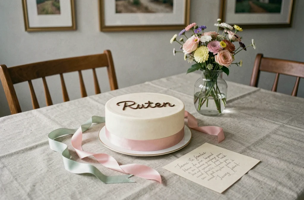 Gâteau de fête de prénom avec inscription en chocolat entouré de fleurs et d'une carte de vœux manuscrite