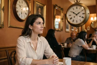 Femme contemplant une horloge affichant 20h20 dans un bistro français, heure miroir et symbolisme amoureux
