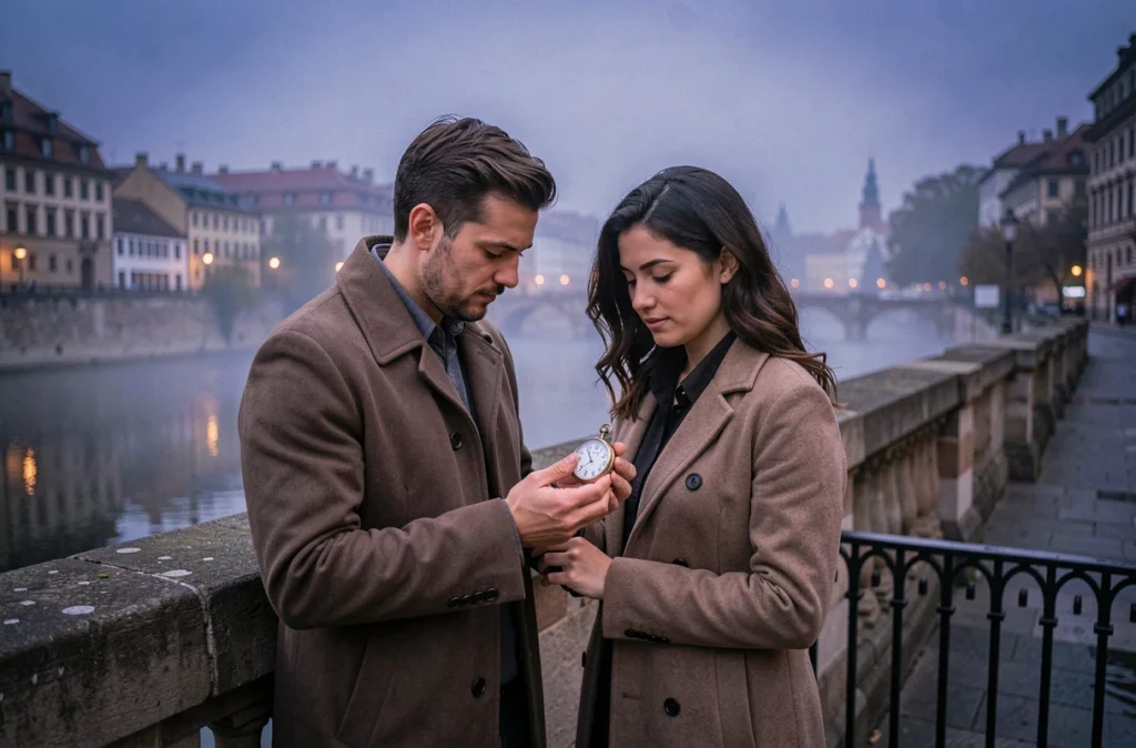 Couple tenant une montre de poche à 20h20 sur un pont européen au crépuscule, symbolisant la compatibilité astrologique et l'amour