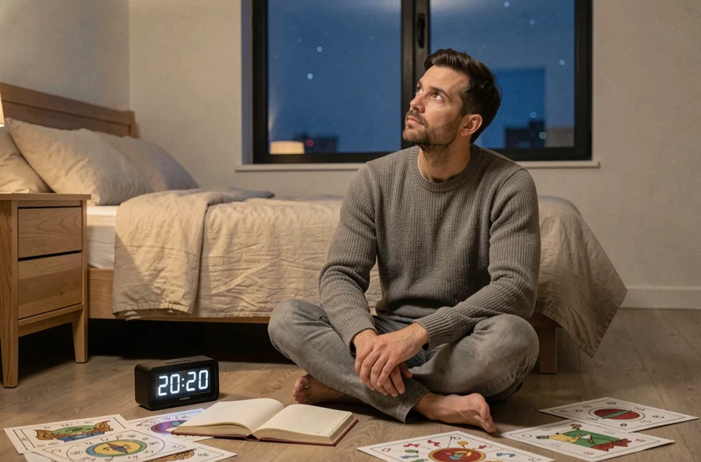 Homme méditant devant une horloge affichant 20h20 entouré de cartes du zodiaque, exploration de l'heure miroir et des signes astrologiques