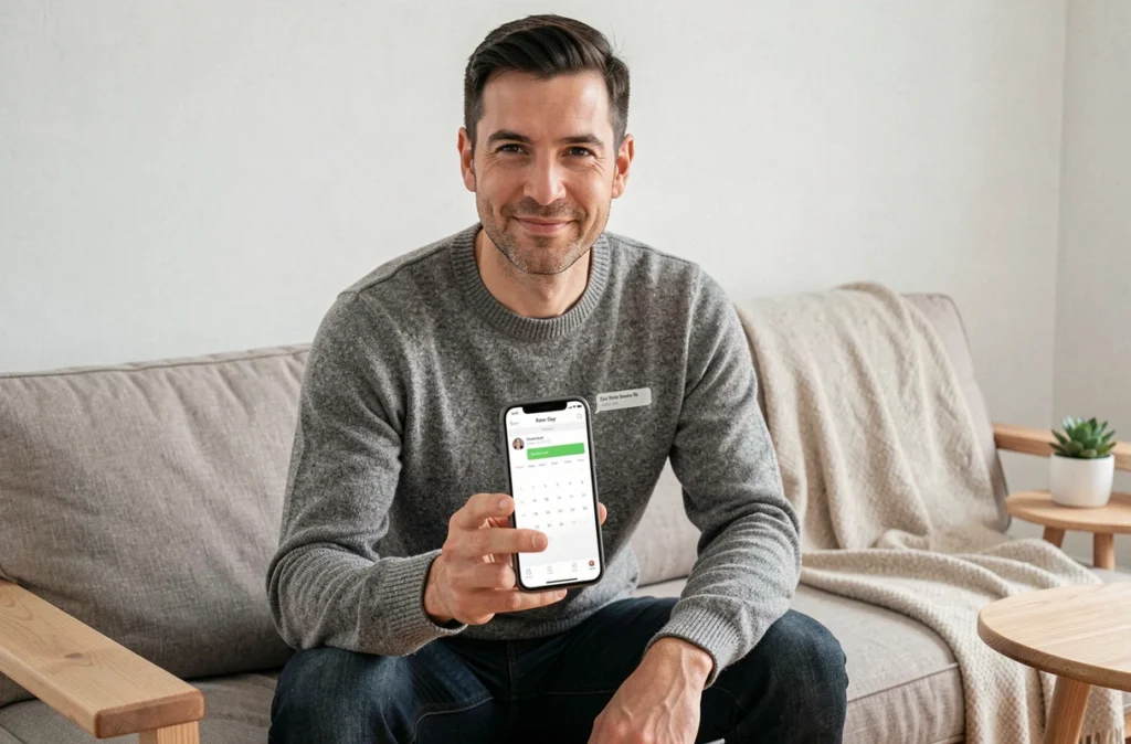 Homme vérifiant la fête du prénom du jour sur une application calendrier sur smartphone