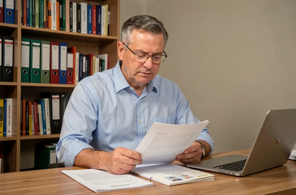 Homme consultant des documents administratifs pour une attestation d'hébergement de mineur dans un bureau à domicile