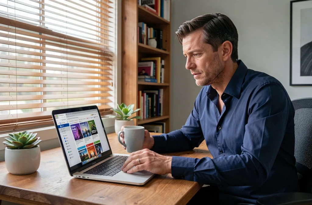 Homme comparant les prix des abonnements streaming sur ordinateur portable dans un bureau à domicile