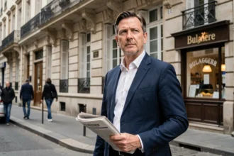 Homme en costume bleu devant un immeuble haussmannien parisien, symbolisant l'engagement politique républicain en France