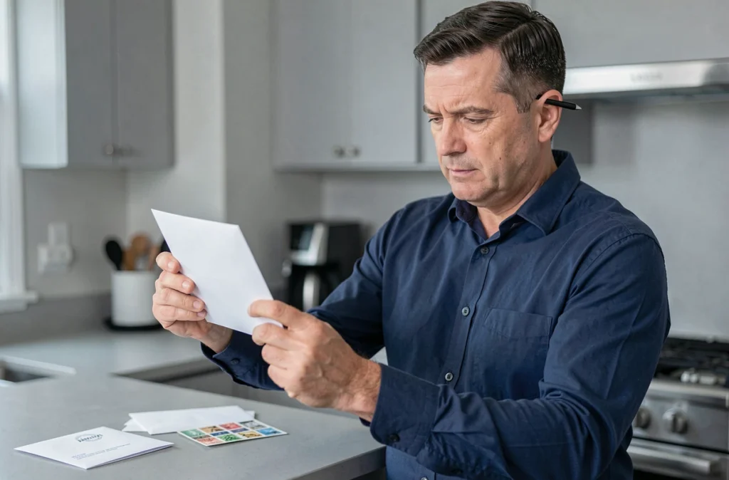 Homme examinant une enveloppe pour vérifier l'emplacement de l'adresse et du code postal