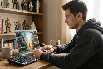 Joueur adulte planifiant sa session Dofus sur un ordinateur portable dans un bureau confortable à la maison
