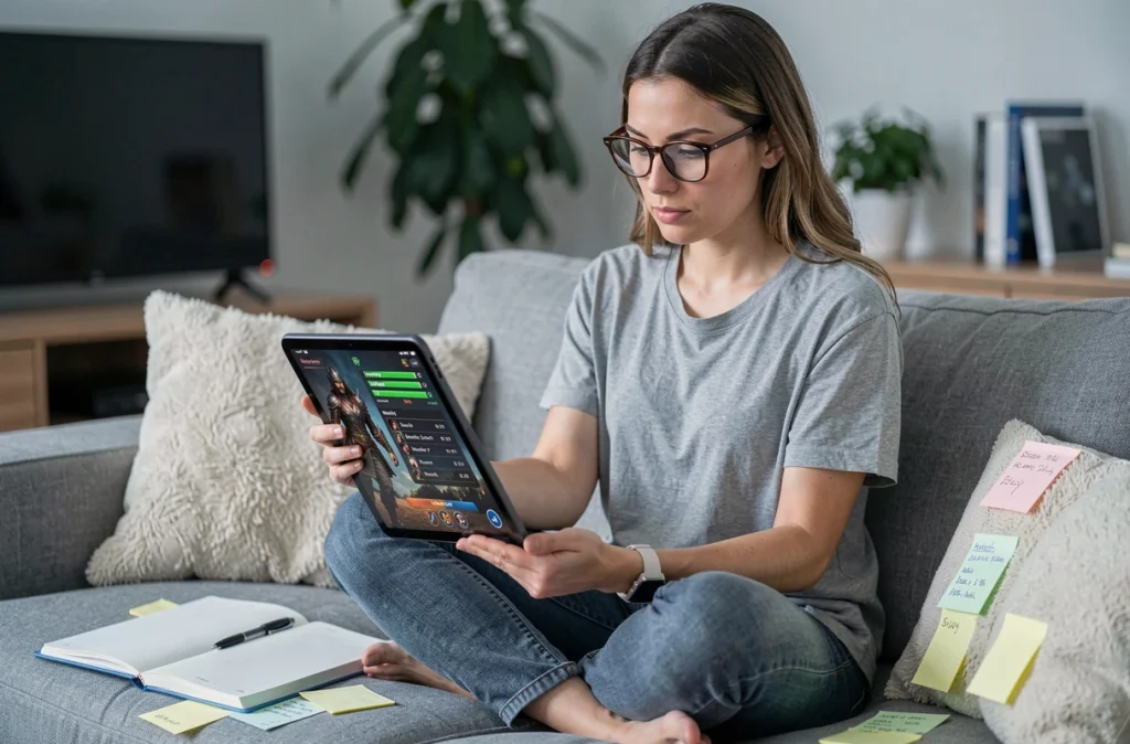 Joueuse adulte consultant un planning hebdomadaire de progression sur tablette pour optimiser son temps de jeu