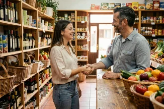 Jeune femme remerciant un commerçant espagnol dans une épicerie traditionnelle, illustrant l'expression merci beaucoup en espagnol