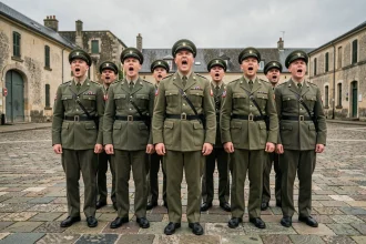Groupe de soldats français en uniforme chantant en chœur sur une place d'armes historique, illustrant l'esprit de corps militaire